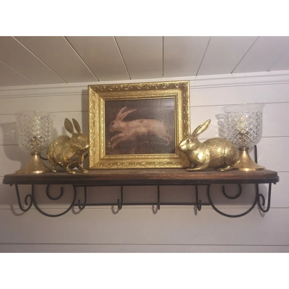 Vintage ornate gold wood frame with new canvas white rabbit print